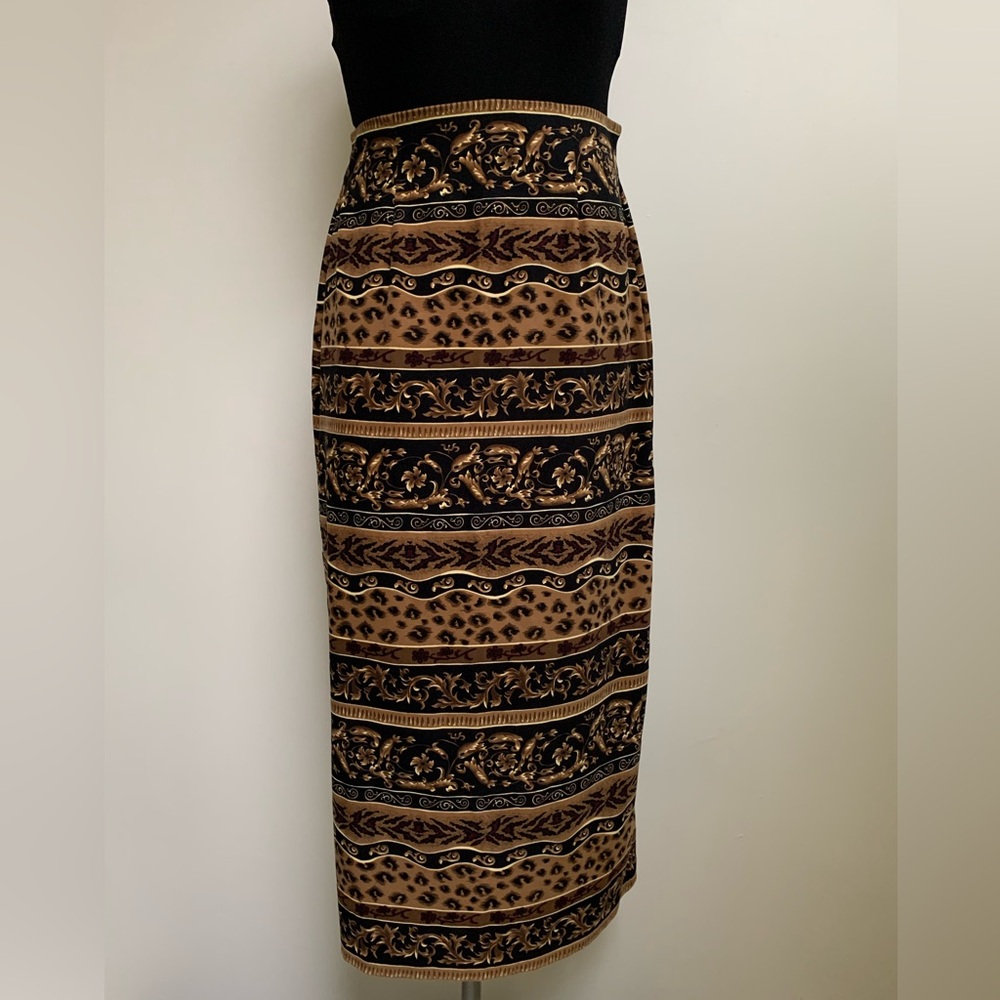 Studio C Skirt-Tan Black Cream Floral Animal Pattern-Polyester Spandex Blend-6R
